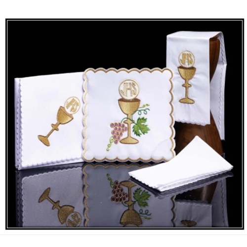 Haftina House Altar Linen Set - Chalice, Eucharist, Grapes & Vines (Pall, Corporal, Lavabo Towel and Purificator)