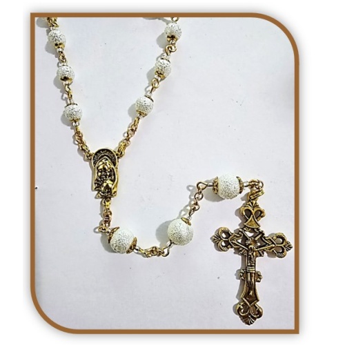 Our Lady of Tears Chaplet in Gold with White Pitted Faux Pearls