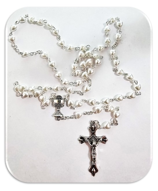 First Holy Communion Heart Acrylic Rosary with laminated prayer card - Image 2