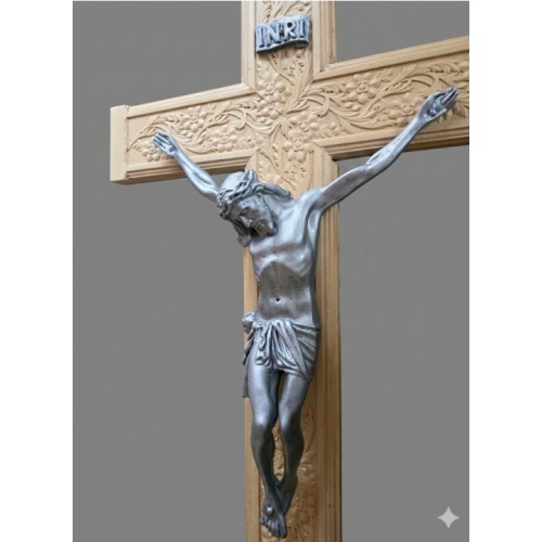 107cm Framed Beechwood Engraved Crucifix with Silver Corpus