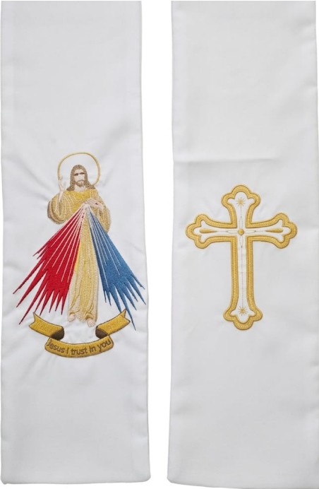 Stole Divine Mercy / Cross in white - Embroidered