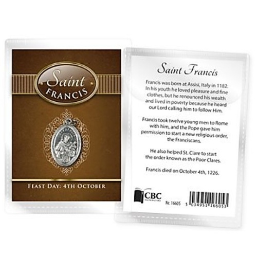 St Francis Oxidized medal with Feast day and Information Card in Plastic sleeve