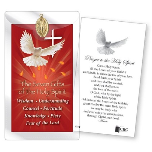 The Seven Gifts of the Holy spirit - golden medal and prayer card in plastic sleeve