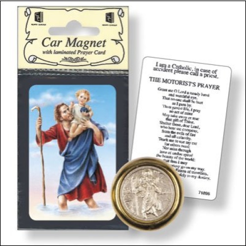 St Christopher Two Tone Magnetic Car Plaque - Motorist Prayer Card & Pressed medal