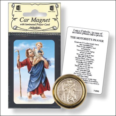 St Christopher Two Tone Magnetic Car Plaque - Motorist Prayer Card & Pressed medal