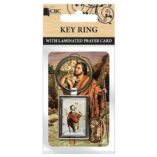 St Christopher Key Ring with Laminated gold embossed Prayer Card & Medal