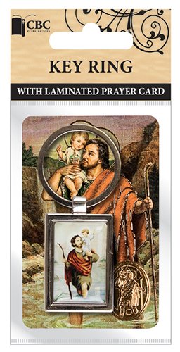 St Christopher Key Ring with Laminated gold embossed Prayer Card & Medal