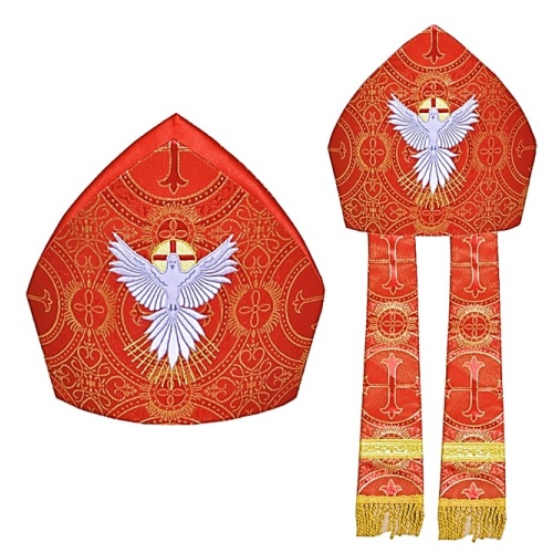 Red Holy Spirit Mitre with Gold Metallic Material - 31cm Tall / 56cm Circumference Fit