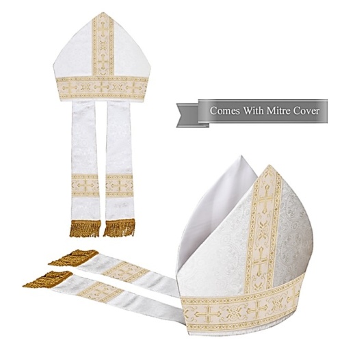 White Mitre with Beige/Gold Orphreys - 31cm Tall / 54cm Circumference Fit