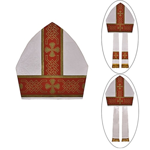 White Mitre with Metallic Red/Gold Orphreys - 31cm Tall / 54cm Circumference Fit