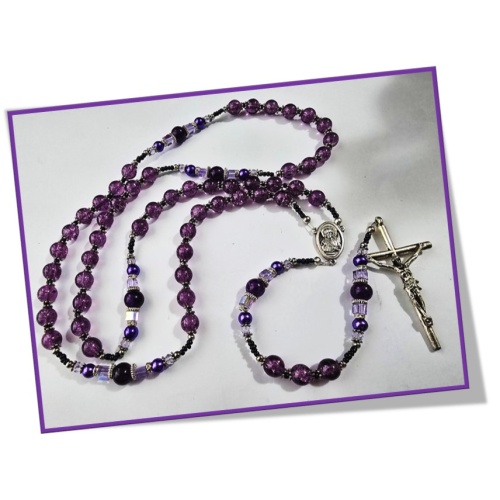 Stunning Purple Crackle Glass with Ornate blocked Mysteries Rosary - Threaded Design
