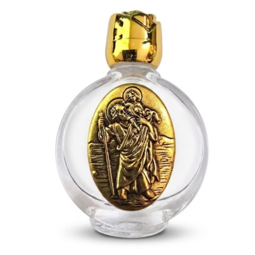 St Christopher in gold Glass Holy Water/Oil bottle