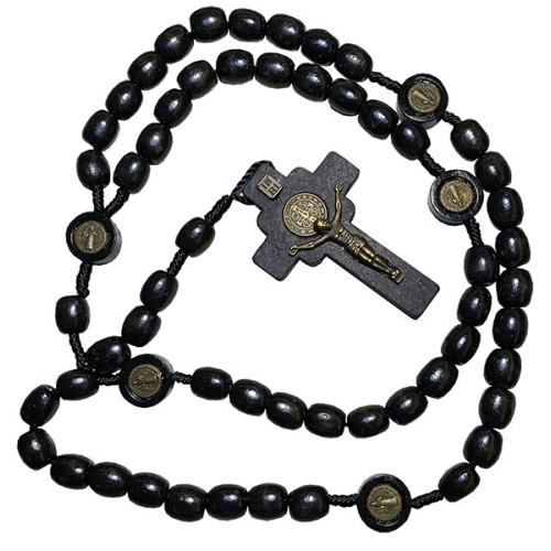 St Benedict Wooden Cord Knotted Rosary - Black