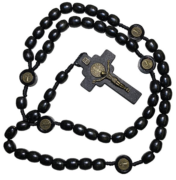 St Benedict Wooden Cord Knotted Rosary - Black