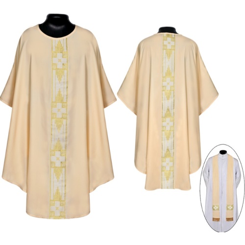 Ultra-Light Weight, Ivory/Golden Gothic Chasuble & Stole Set - Modern Cross African Block Orphrey