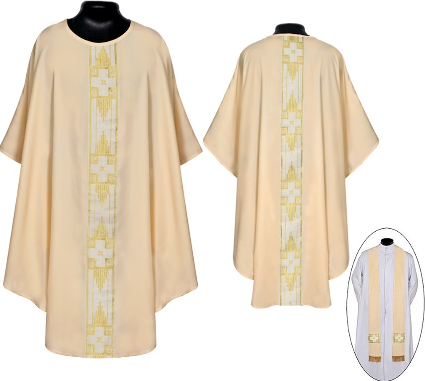 Ultra-Light Weight, Ivory/Golden Gothic Chasuble & Stole Set - Modern Cross African Block Orphrey