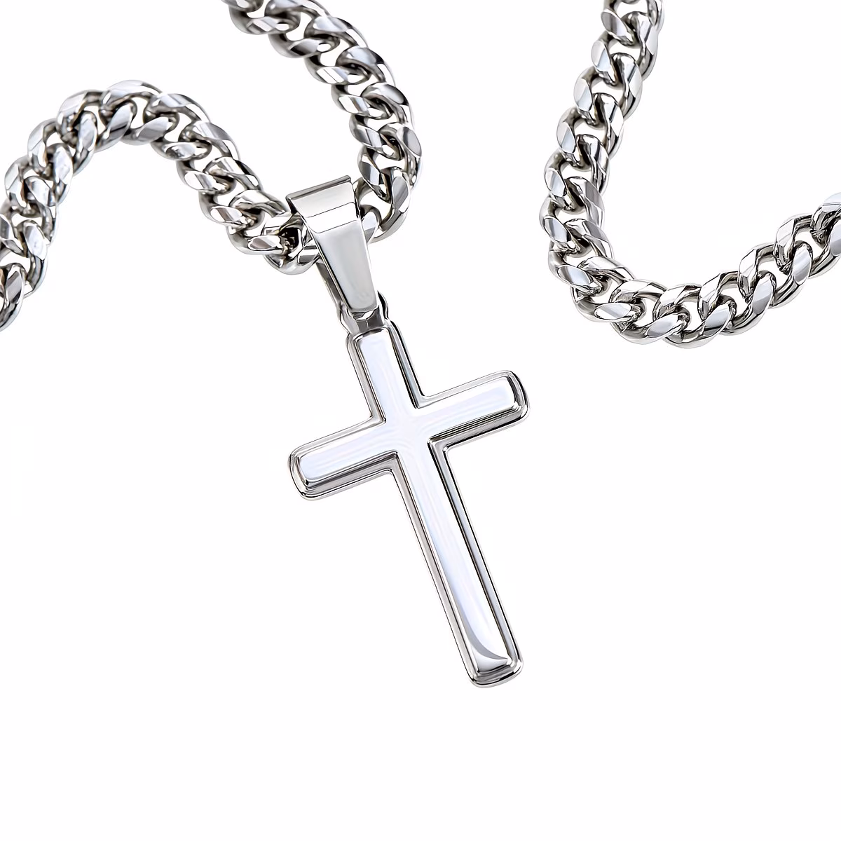 45mm 925 Sterling silver Cross  with 60cm Cuban Curb Link 5mm Stainless Steel chain