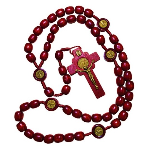 St Benedict Wooden Cord Knotted Rosary - Burgundy