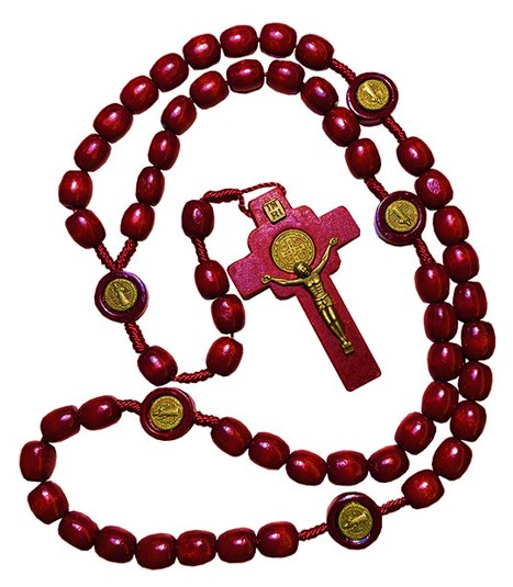St Benedict Wooden Cord Knotted Rosary - Burgundy