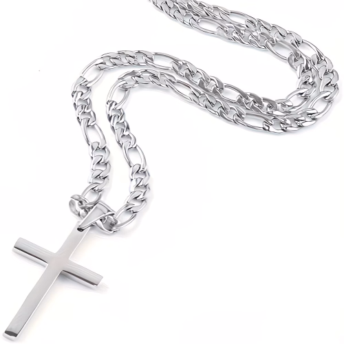 45cm Figaro Stainless Steel chain 4mm wide with S265 Stainless Steel cross 33mm long