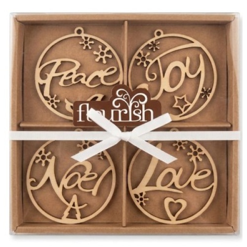 Flourish - Set of 4 wooden laser hanging ornaments - Peace, Joy, Noel & Love