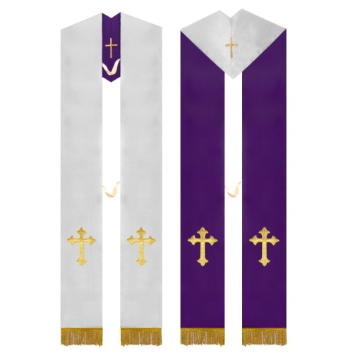 Purple & White Reversable Priest Stole with Golden embroidered Cross Applique