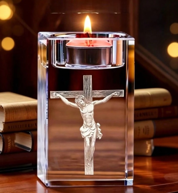 Laser Engraved Glass Crystal - Crucifix Tea Light
