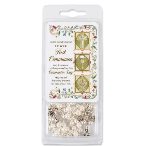 First Holy Communion faux pearl Rosary with laminated prayer card