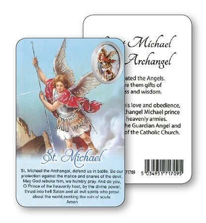 St Michael the Archangel Laminated prayer card with embossed colour Medal