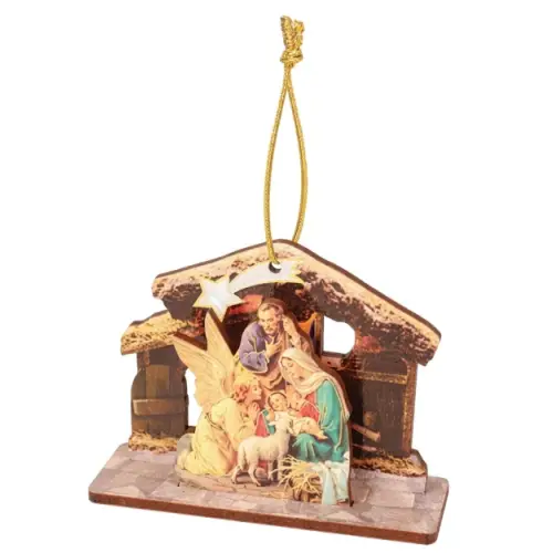 Wooden 3D Nativity with Angel - Hanging Ornament