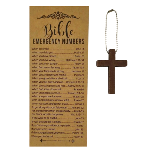 Bible Emergency Number Card and Wooden cross with ball chain - Gift / Bonbonnière