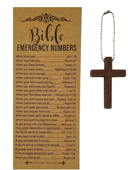 Bible Emergency Number Card and Wooden cross with ball chain - Gift / Bonbonnière