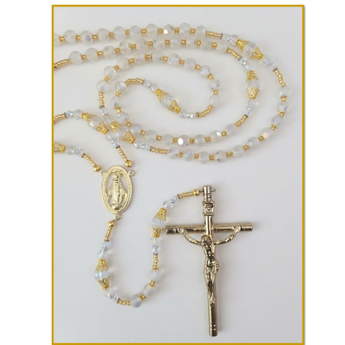 Wedding Lasso Rosary - Frosted Crystal Glass with windows in Gold - ONE OF KIND