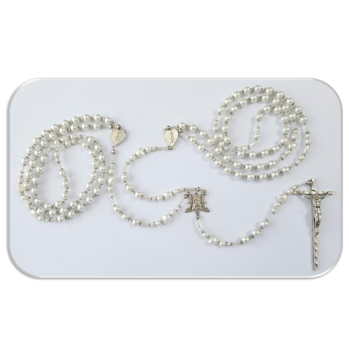 Wedding Lasso Rosary - White Faux Glass Pearls with Heart Mysteries - ONE OF KIND