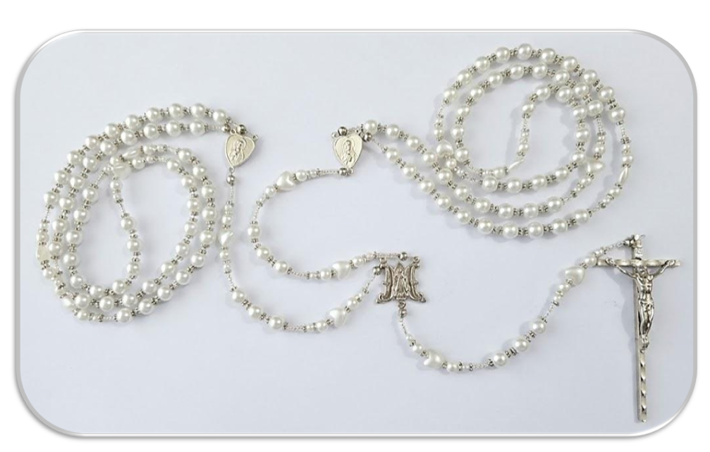 Wedding Lasso Rosary - White Faux Glass Pearls with Heart Mysteries - ONE OF KIND