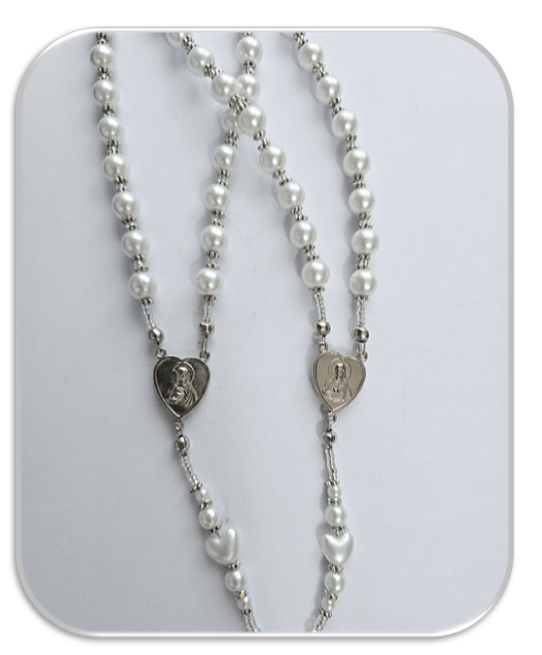 Wedding Lasso Rosary - White Faux Glass Pearls with Heart Mysteries - ONE OF KIND - Image 3